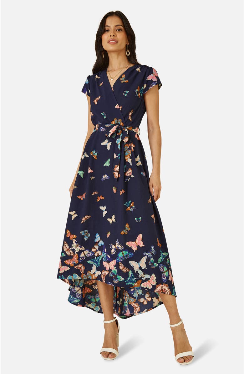 Yumi Butterfly Print Dip Hem Midi Wrap Dress, Main, color, Navy