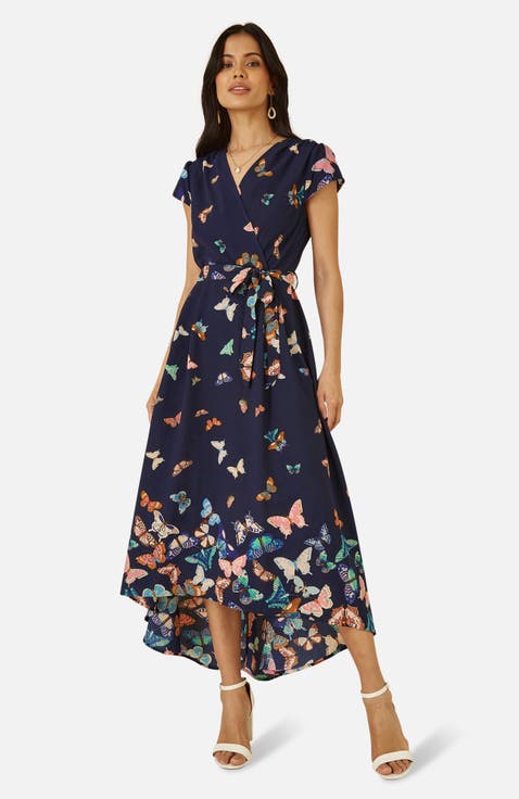 Butterfly Print Dip Hem Midi Wrap Dress