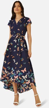 Yumi Butterfly Print Dip Hem Midi Wrap Dress