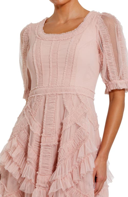 Mac Duggal Short Sleeve Mesh Mirco Ruffle Midi Dress In Porcelain