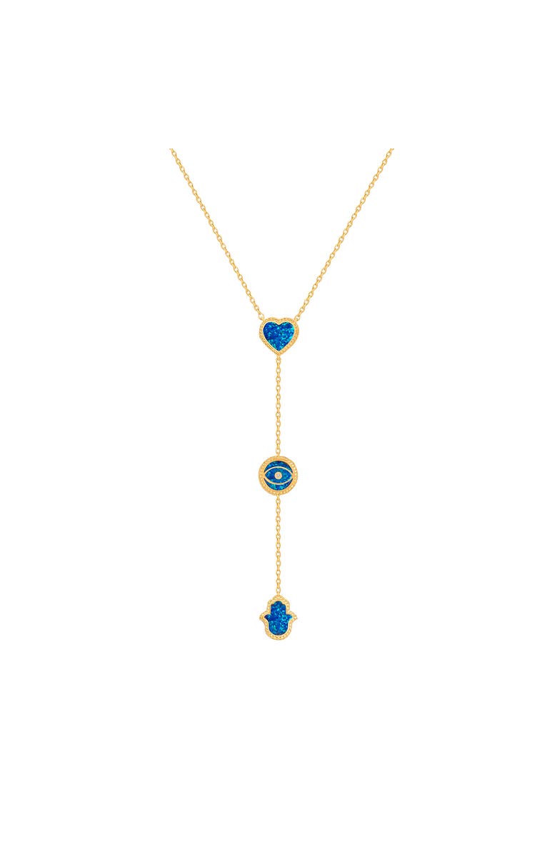 Karma and Luck Spirit's Zen Lab Blue Opal Multi Symbol Gold Necklace, Main, color, Gold/Blue