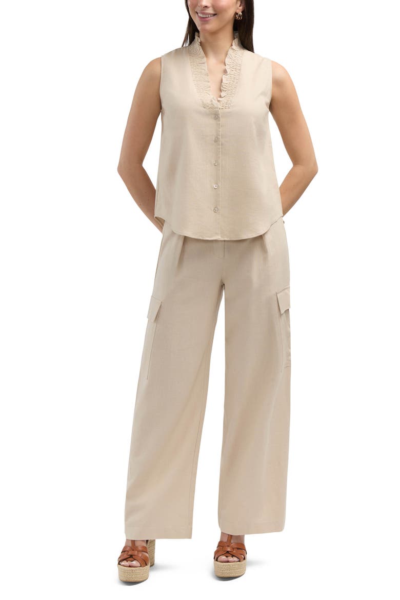 Ruffle Sleeveless Button-Up Shirt, Alternate, color, LINEN
