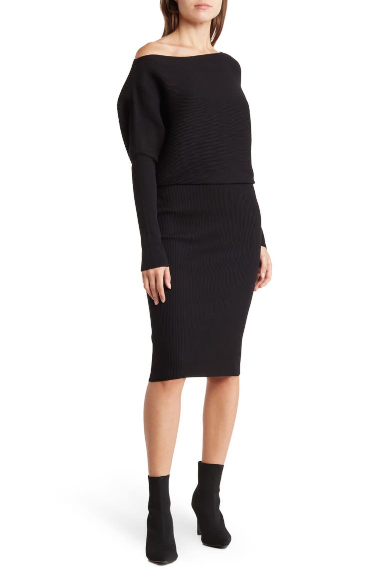 Blair Ottoman Off-the-Shoulder Long Sleeve Sweater Dress, Main, color, BLACK