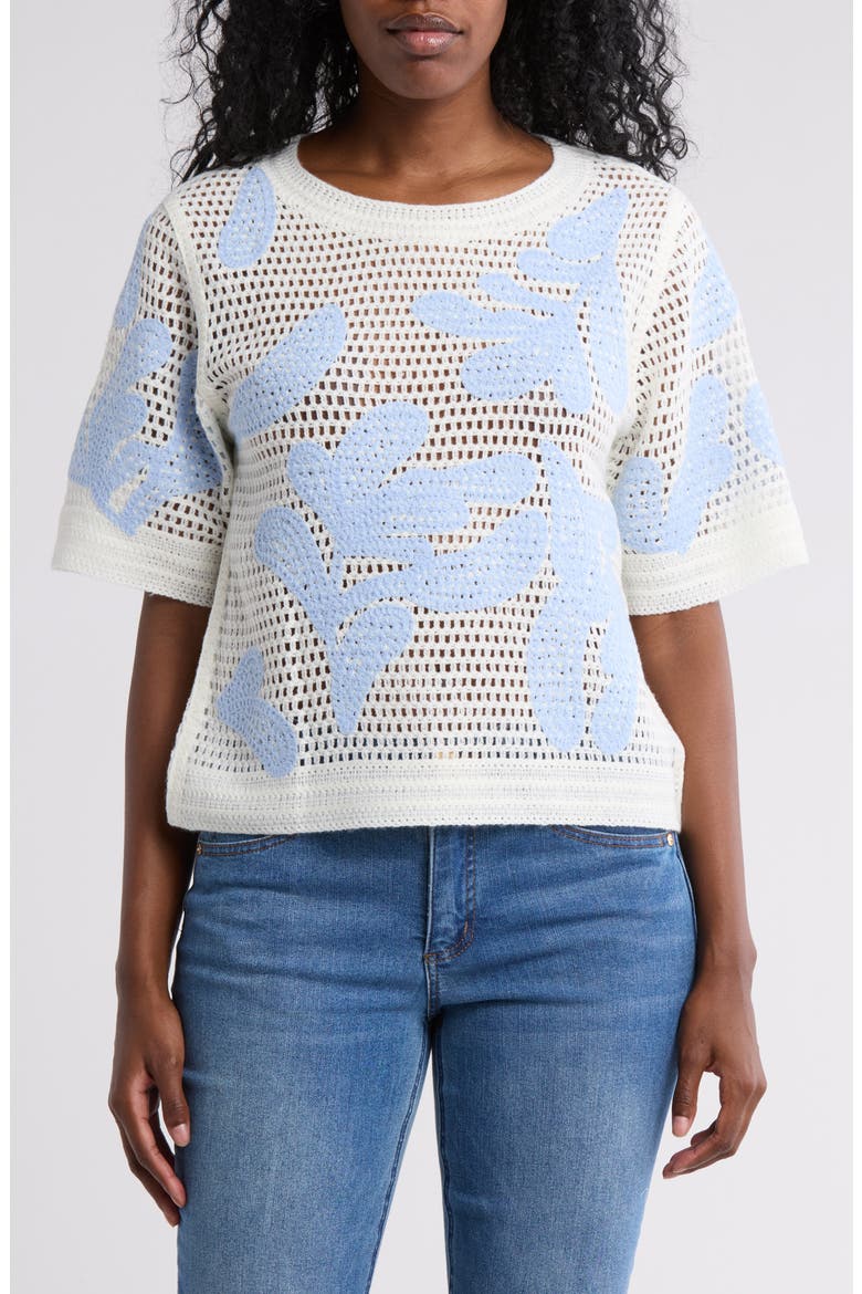 Embroidered Short Sleeve Sweater, Main, color, IVORY/ BABY BLUE