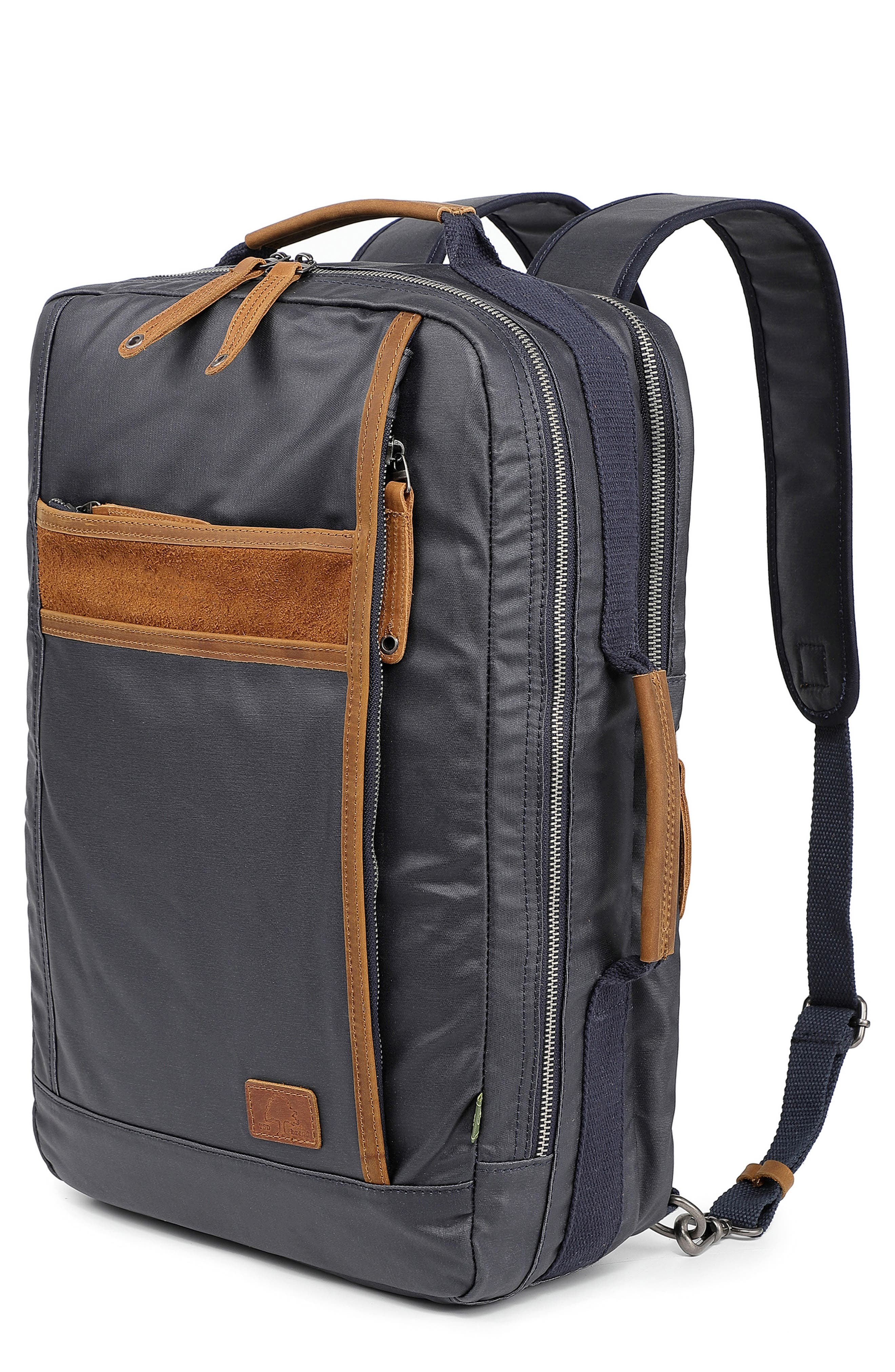 Madrone Coated Cotton & Leather Backpack, Main, color, NAVY