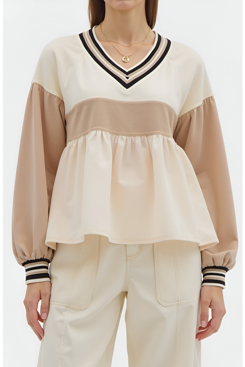 Colorblock V-Neck Top with Peplum Hem, Alternate, color, Beige