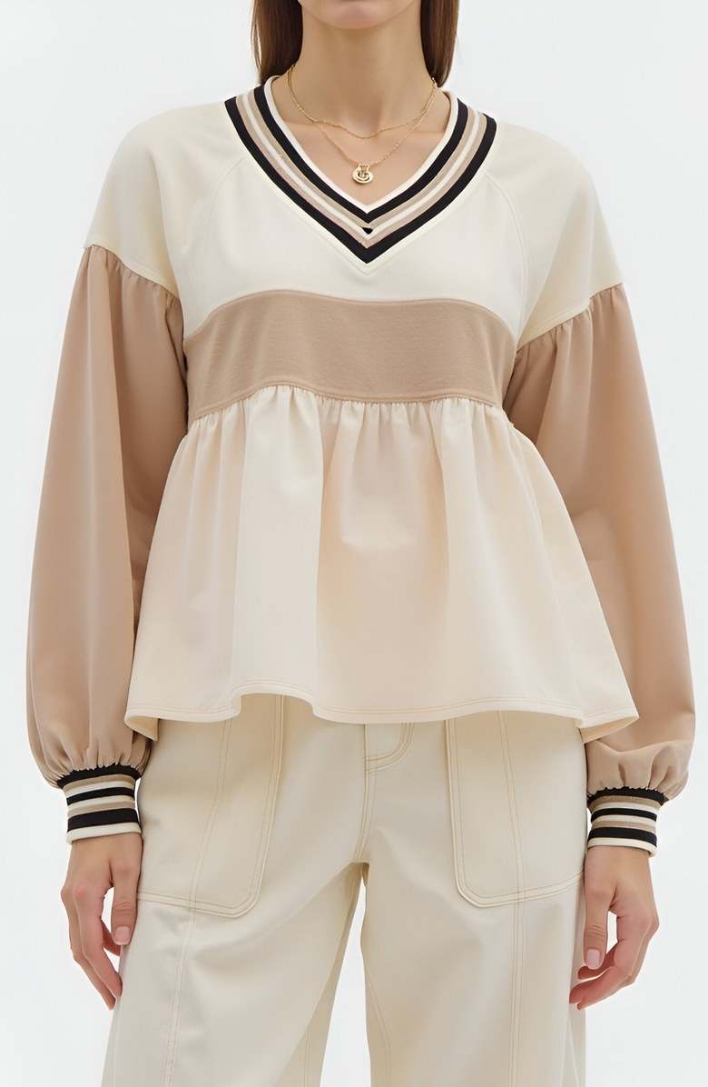 Modenaire Colorblock V-Neck Top with Peplum Hem, Alternate, color, Beige