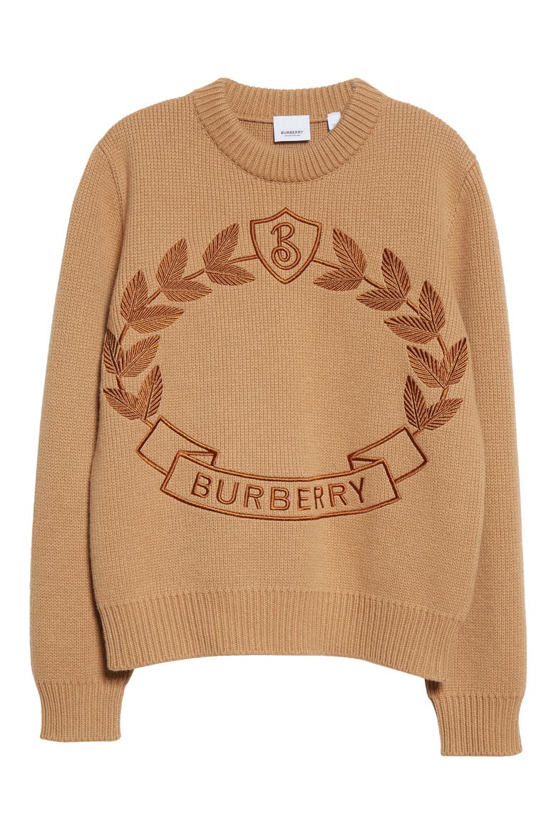 Women's Embroidered Crest Wool & Cashmere Sweater, Alternate, color, WARM FAWN