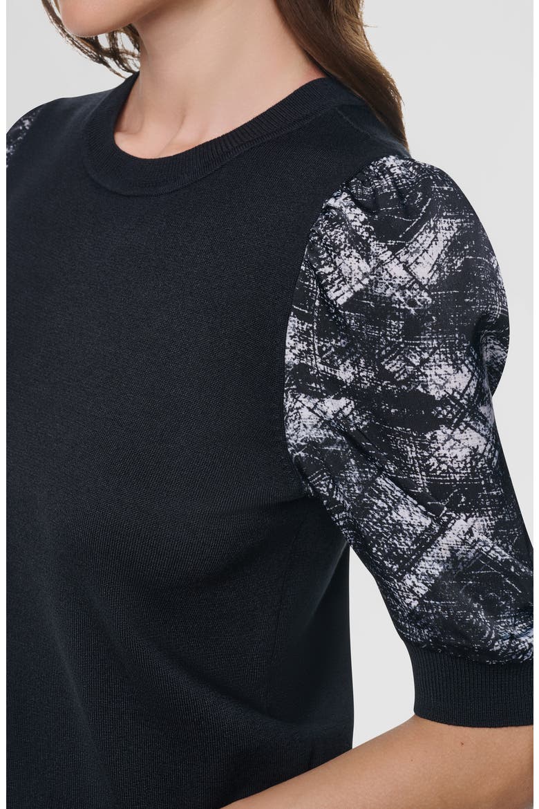 Print Twist Sleeve Mixed Media Sweater, Alternate, color, BLACK/ REFRACTED
