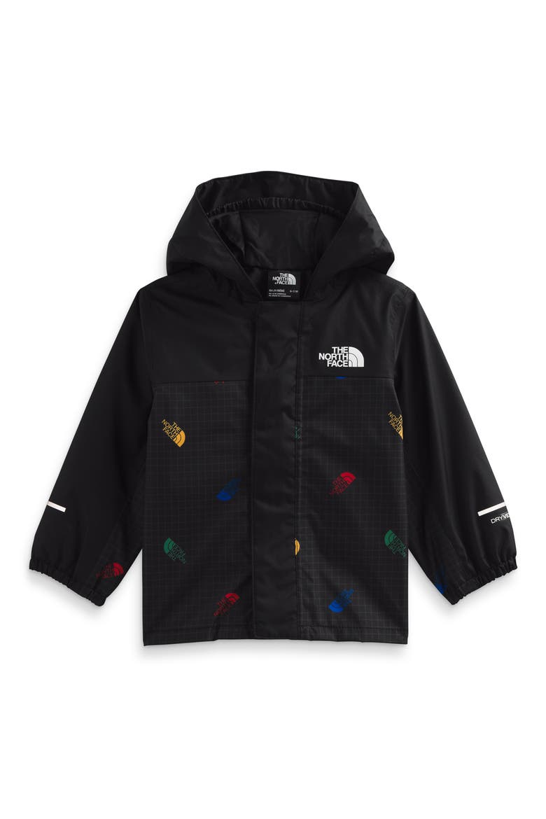 Antora Waterproof Recycled Polyester Rain Jacket, Main, color, BLACK TOSSED LOGO GRID PRINT