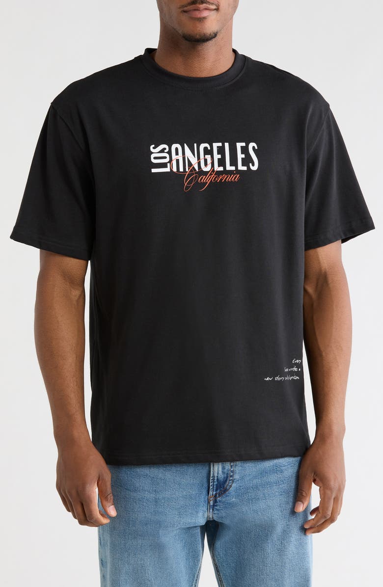 DENIM AND FLOWER Relaxed Fit Los Angeles Graphic Tee, Main, color, Black