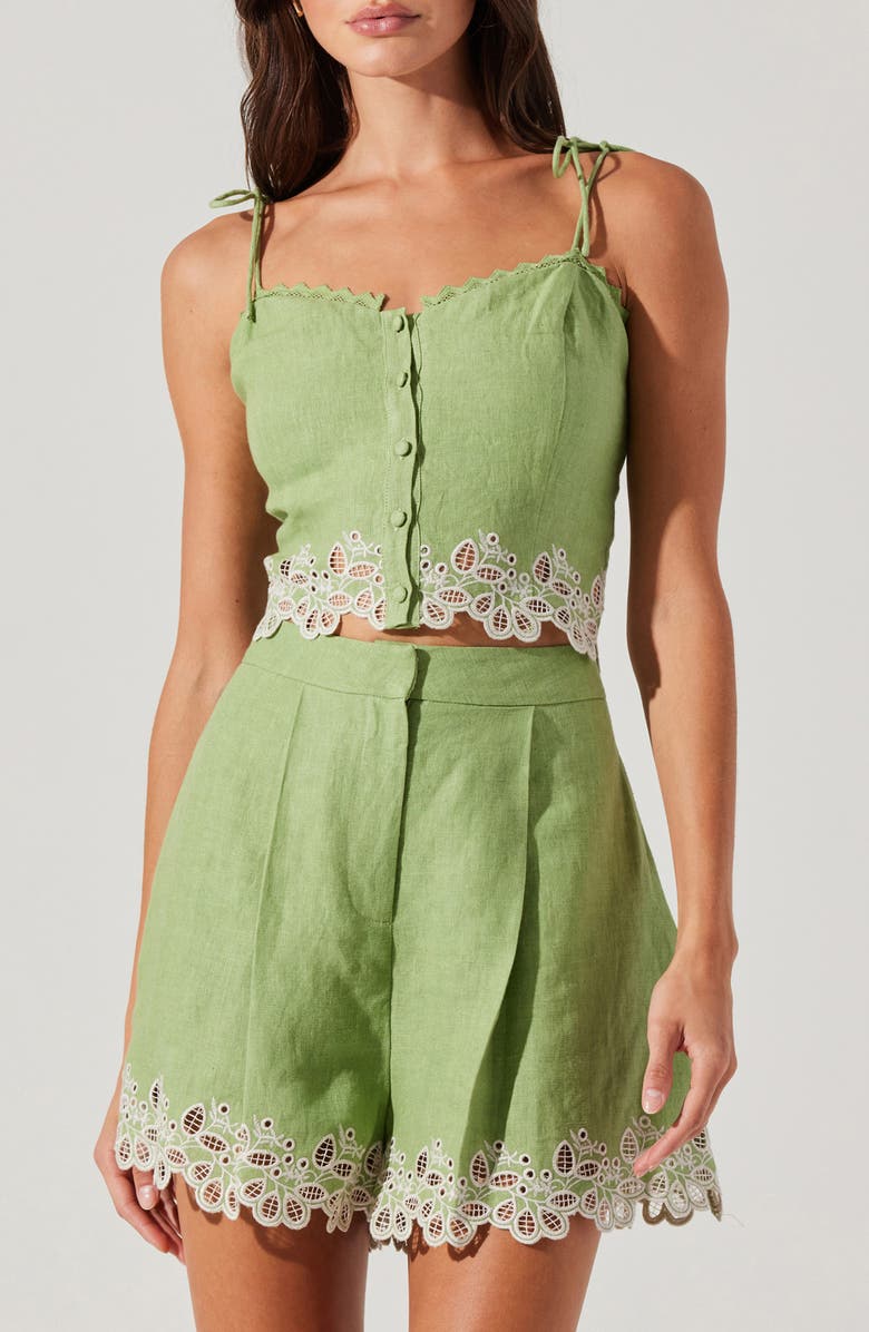ASTR the Label Kiya Eyelet Hem Linen Camisole, Main, color, Avocado