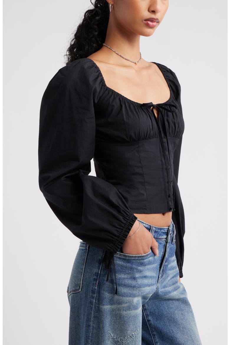 Long Sleeve Corset Cotton Crop Top, Alternate, color, BLACK