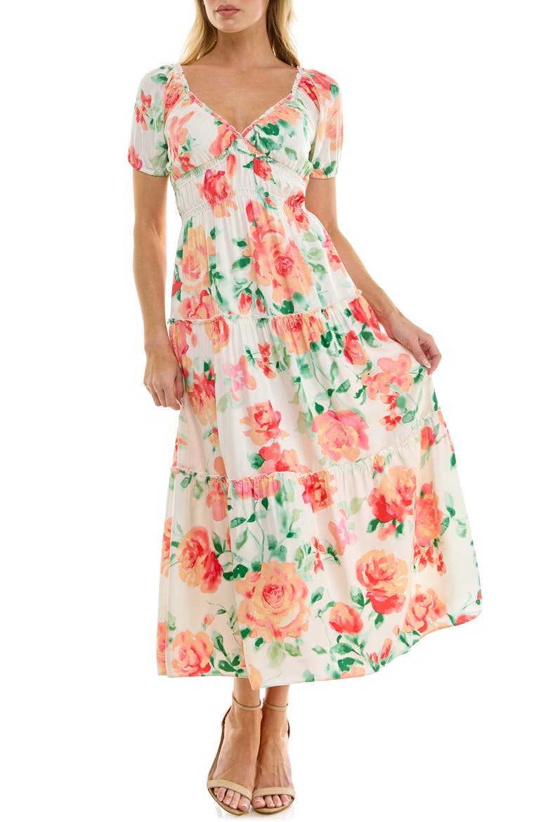 Tiered Midi Dress, Main, color, IVORY CORAL FLORAL