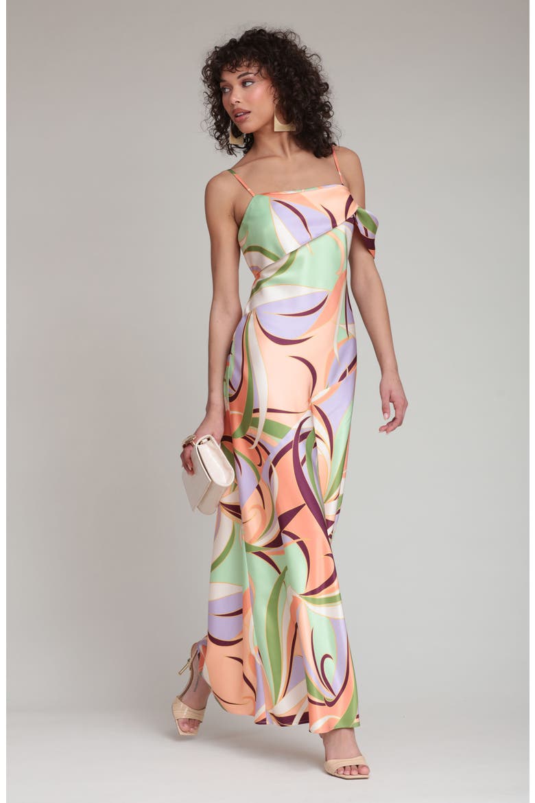 Floral Print Asymmetric Satin Maxi Dress, Alternate, color, RIVERA FAN