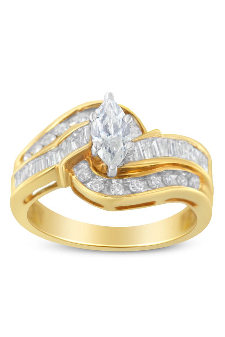 14K Gold 1 cttw Marquise Baguette and Round Diamond Bypass Ring, Alternate, color, Yellow