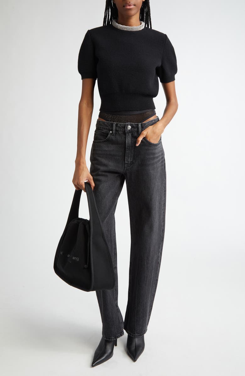 Alexander Wang Short Sleeve Crop Wool & Cashmere Sweater with Crystal Hotfix Tubular Collar, Alternate, color, 