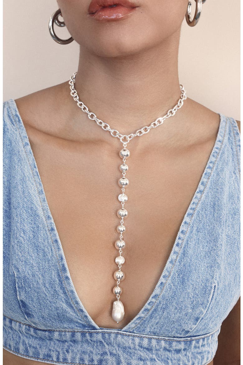 Cultured Freshwater Pearl Deep Drop Y-Necklace, Alternate, color, SILVER