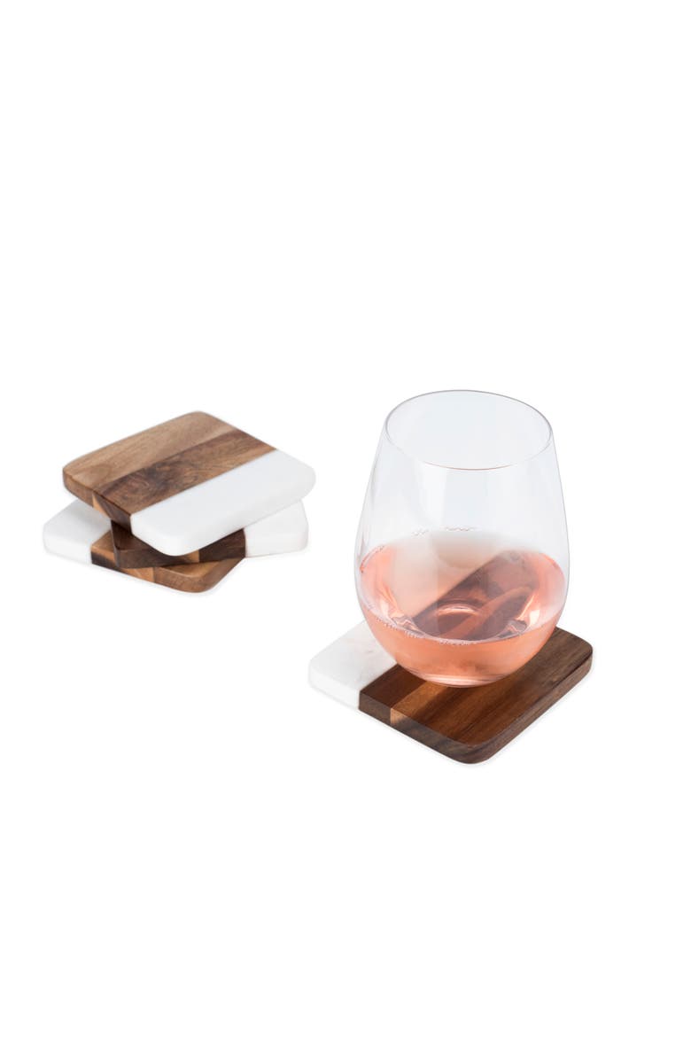 Marble & Acacia Coasters Set of 4, Alternate, color, White