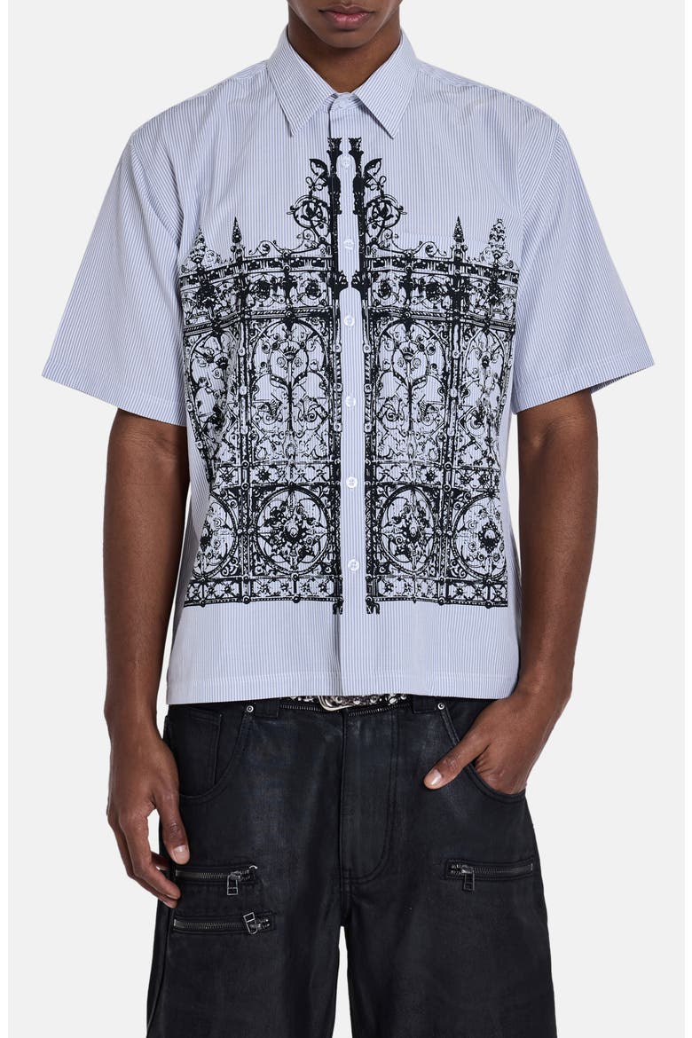 Overprinted Pinstripe Short Sleeve Graphic Button-Up Shirt, Main, color, GREY