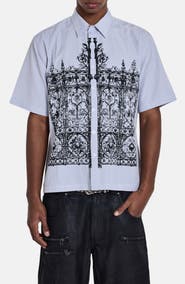 JADED LONDON Overprinted Pinstripe Short Sleeve Graphic Button-Up Shirt