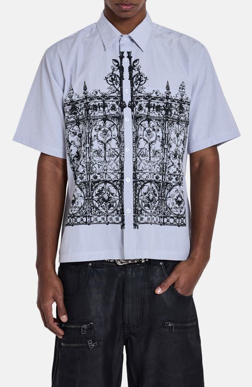 JADED LONDON Overprinted Pinstripe Short Sleeve Graphic Button-Up Shirt in Grey at Nordstrom, Size Large
