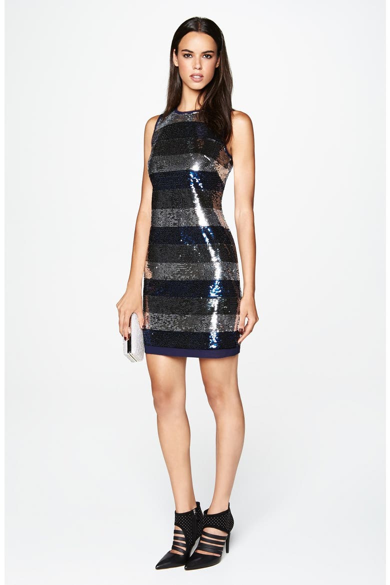 Stripe Sequin Sheath Dress, Alternate, color, NAVY/ SILVER