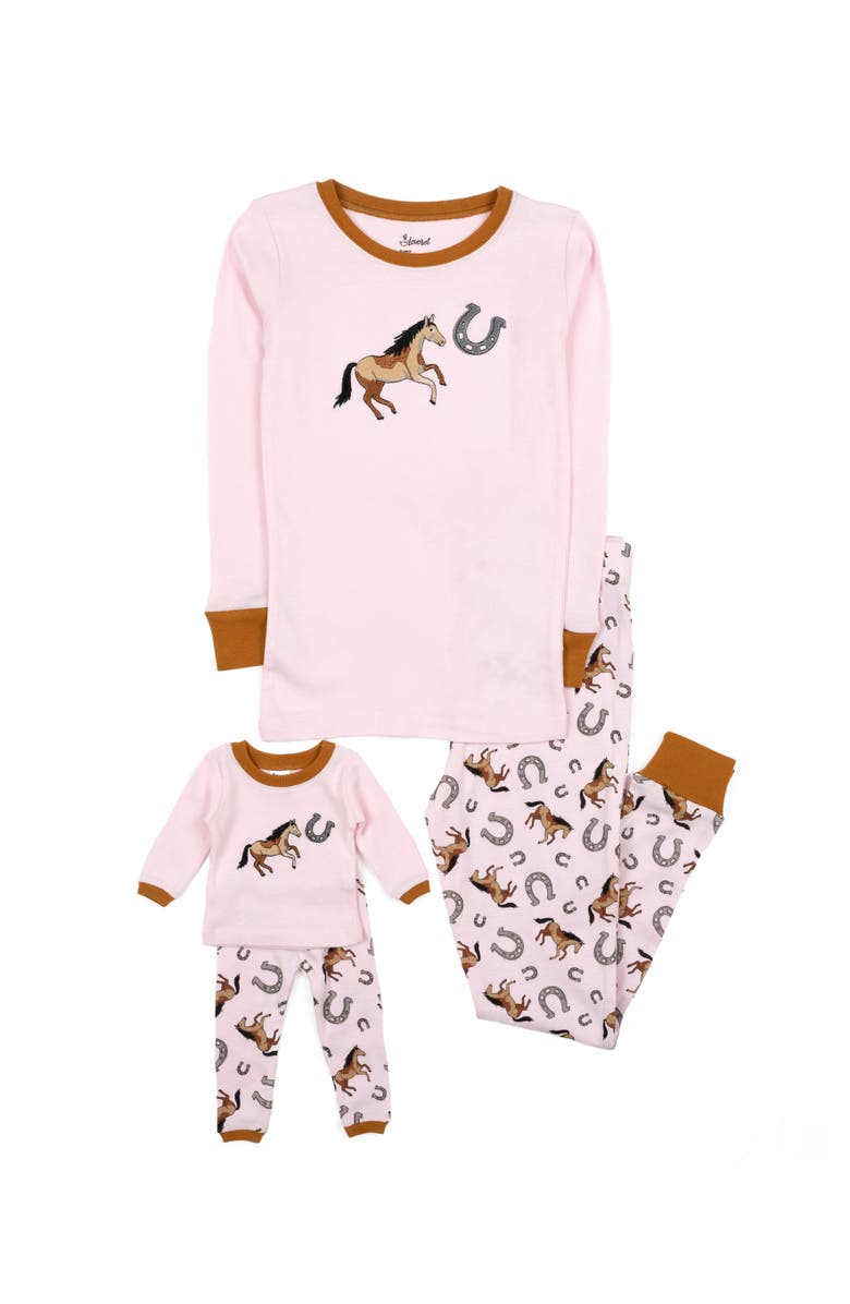 Leveret Girls 2-pc. Cotton Pajamas with Matching Doll Accessory - Spring & Everyday Prints, Main, color, Horse Light Pink