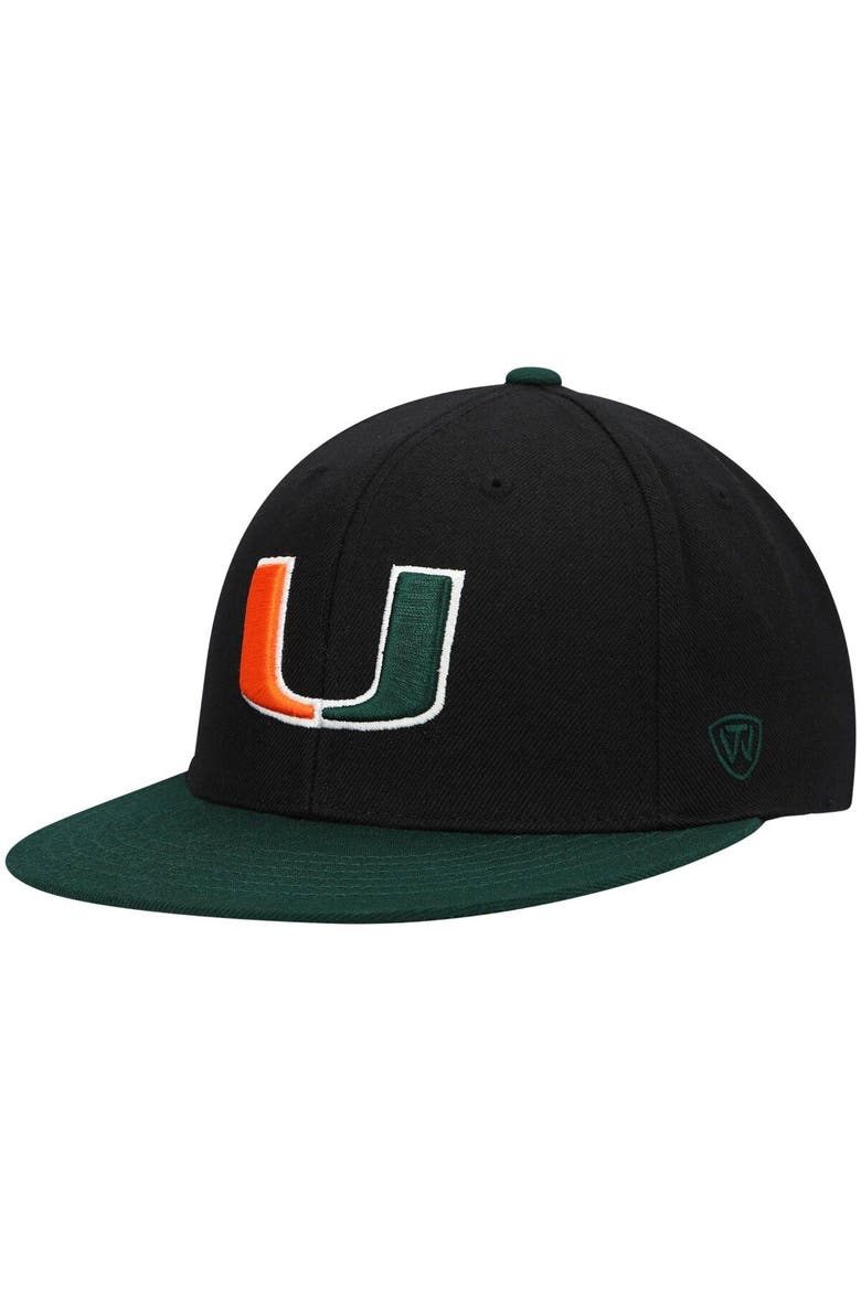 Men's Top of the World Black/Green Miami Hurricanes Team Color Two-Tone Fitted Hat, Main, color, Black