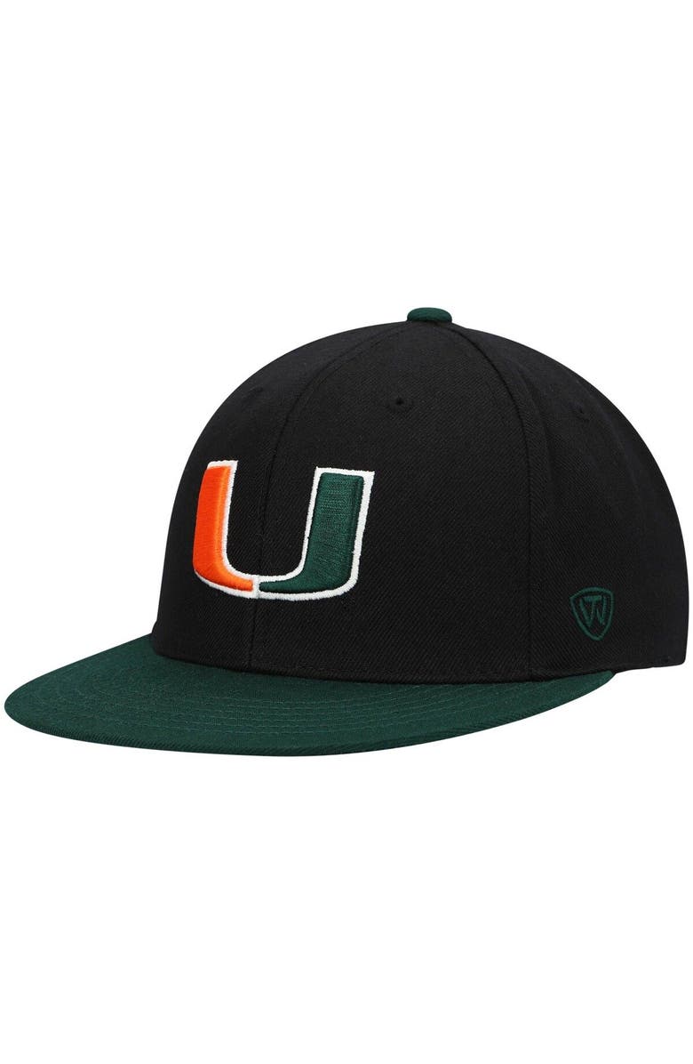 TOP OF THE WORLD Men's Top of the World Black/Green Miami Hurricanes Team Color Two-Tone Fitted Hat, Main, color, 