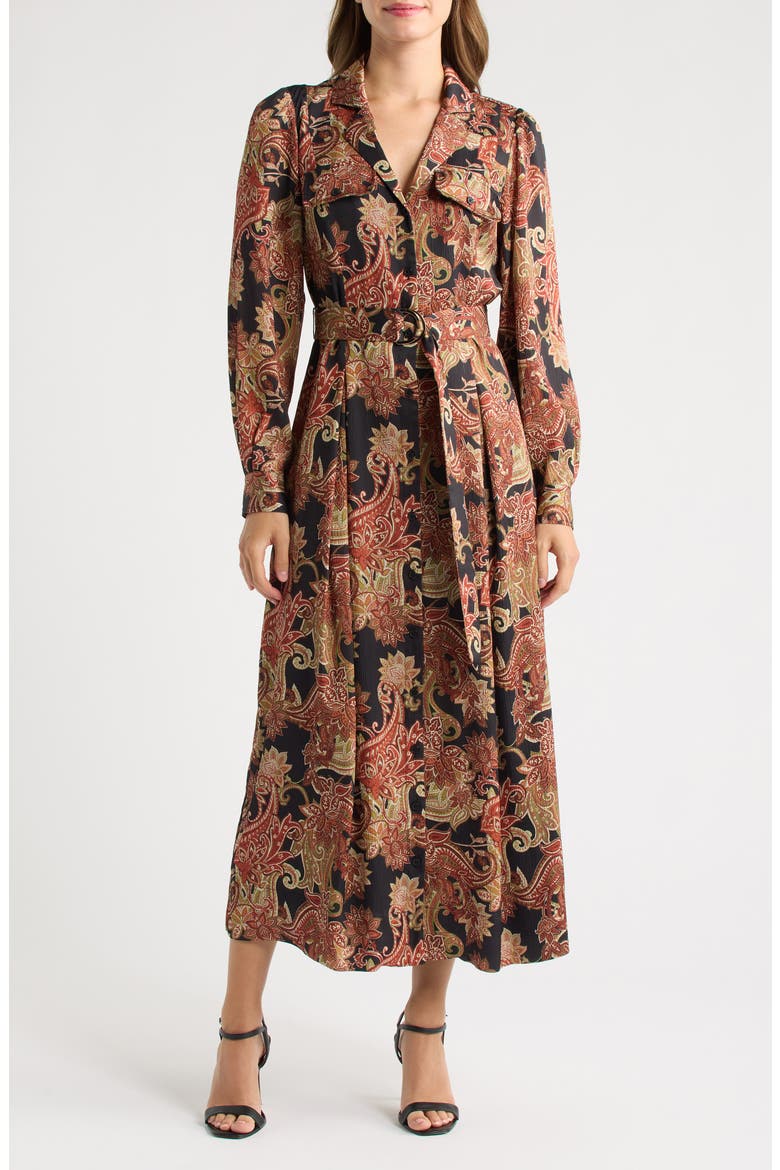 Floral Long Sleeve Midi Shirtdress, Main, color, BLACK MULTI
