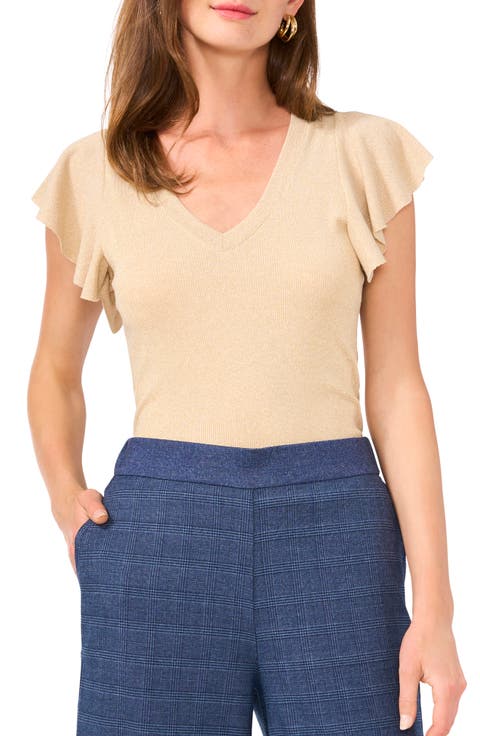 Metallic Knit Flutter Sleeve Top