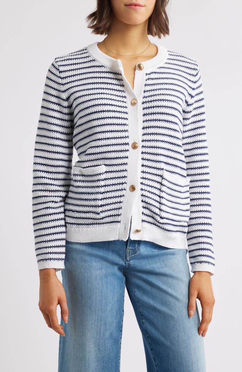 beachlunchlounge Piera Stripe Cardigan, Main, color, Navy/White Linen