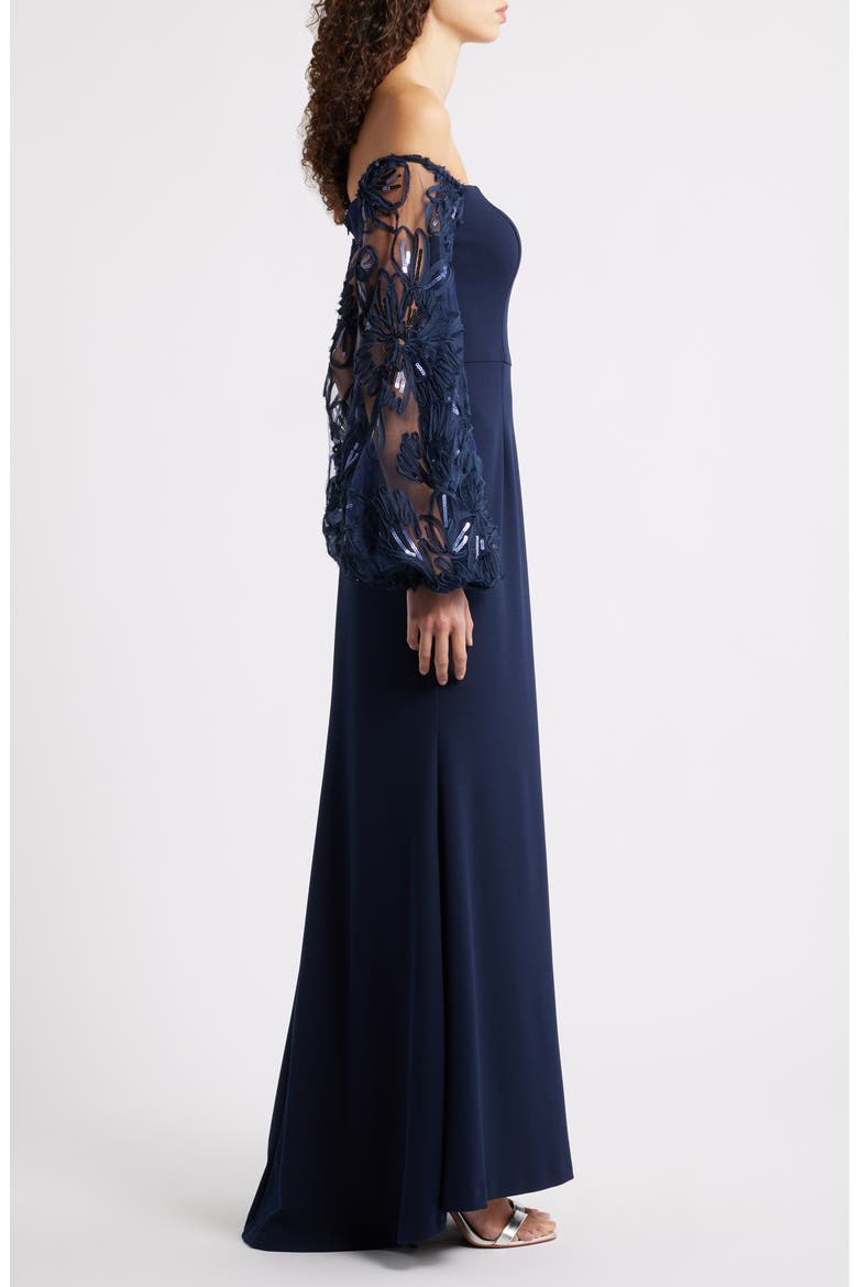 Sequin Balloon Long Sleeve Off the Shoulder Gown, Alternate, color, NAVY