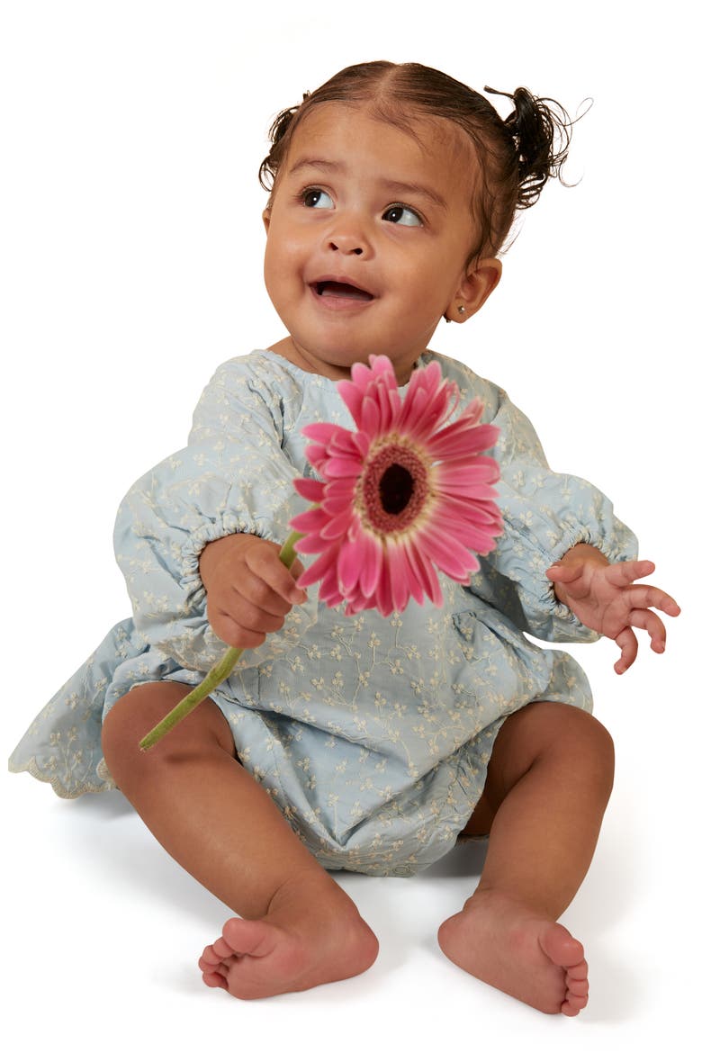 Kids' Floral Embroidery Cotton Blend Romper, Alternate, color, WASHED BLUE