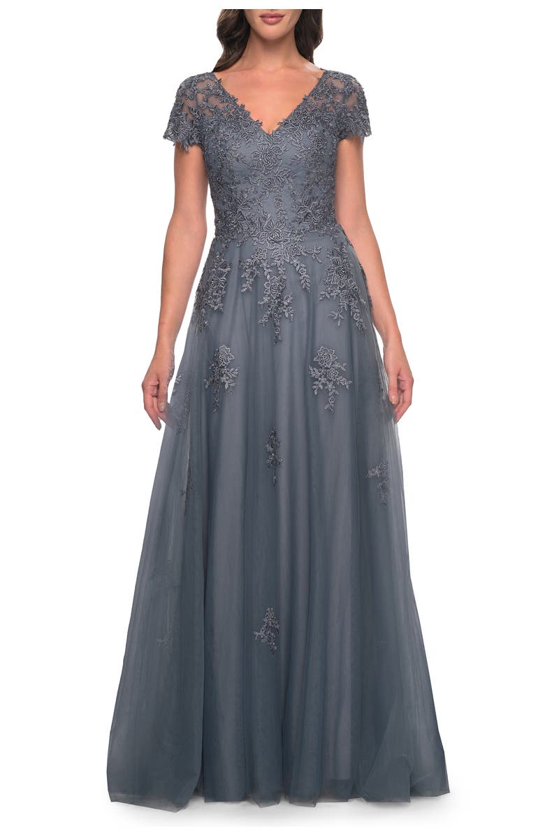 La Femme A-Line Tulle Gown with Lace Applique and Short Sleeves, Main, color, Slate Blue
