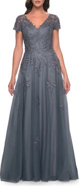 La Femme A-Line Tulle Gown with Lace Applique and Short Sleeves