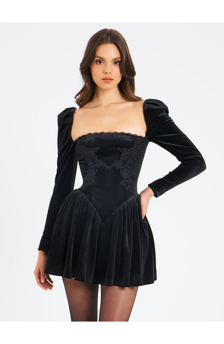 Miss Circle Yolanda Velvet Long Sleeve Mini Dress with Lace Trim, Main, color, 
