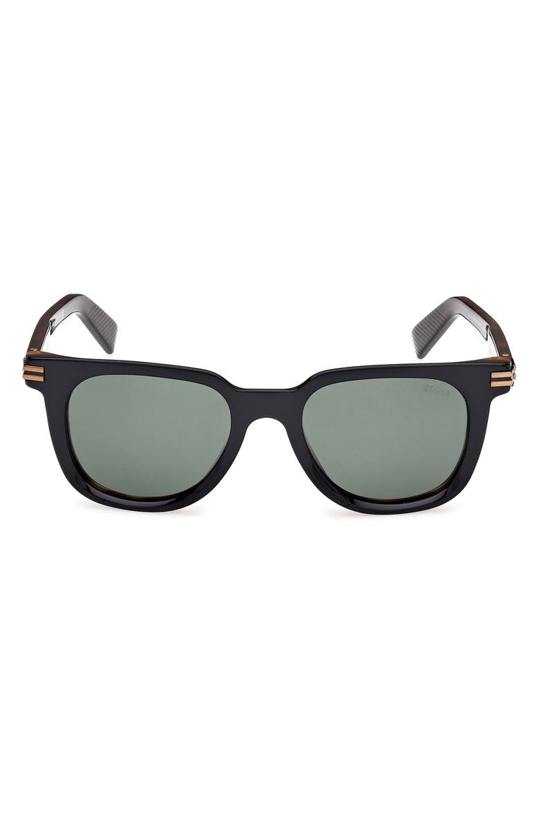ZEGNA 50mm Polarized Geometric Sunglasses, Main, color, Shiny Black And Havana