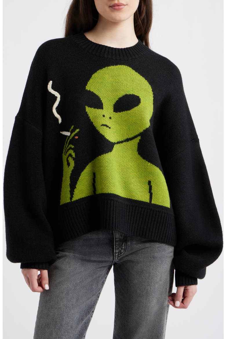 Keep Lalaland Weird Oversize Sweater, Main, color, BLACK WITH GREEN ALIEN