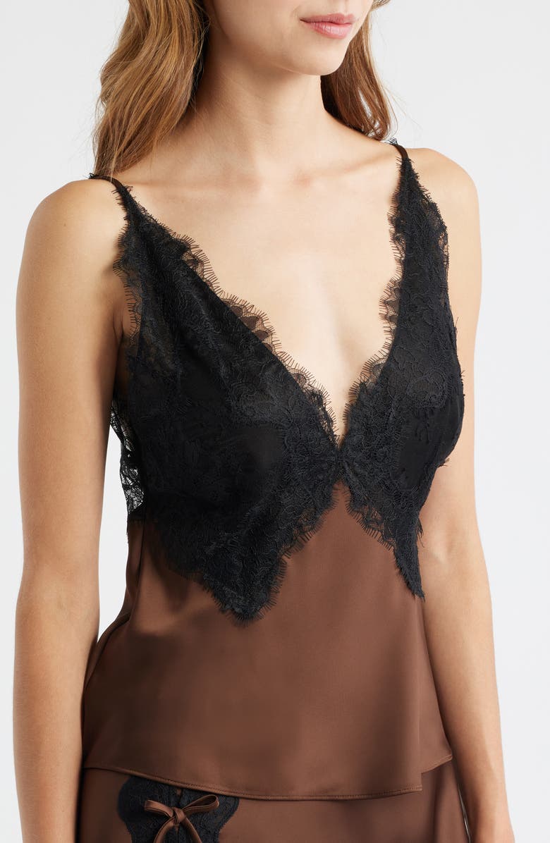 LoveShackFancy Elloryn Lace Satin Camisole, Alternate, color, Chocolate Brown