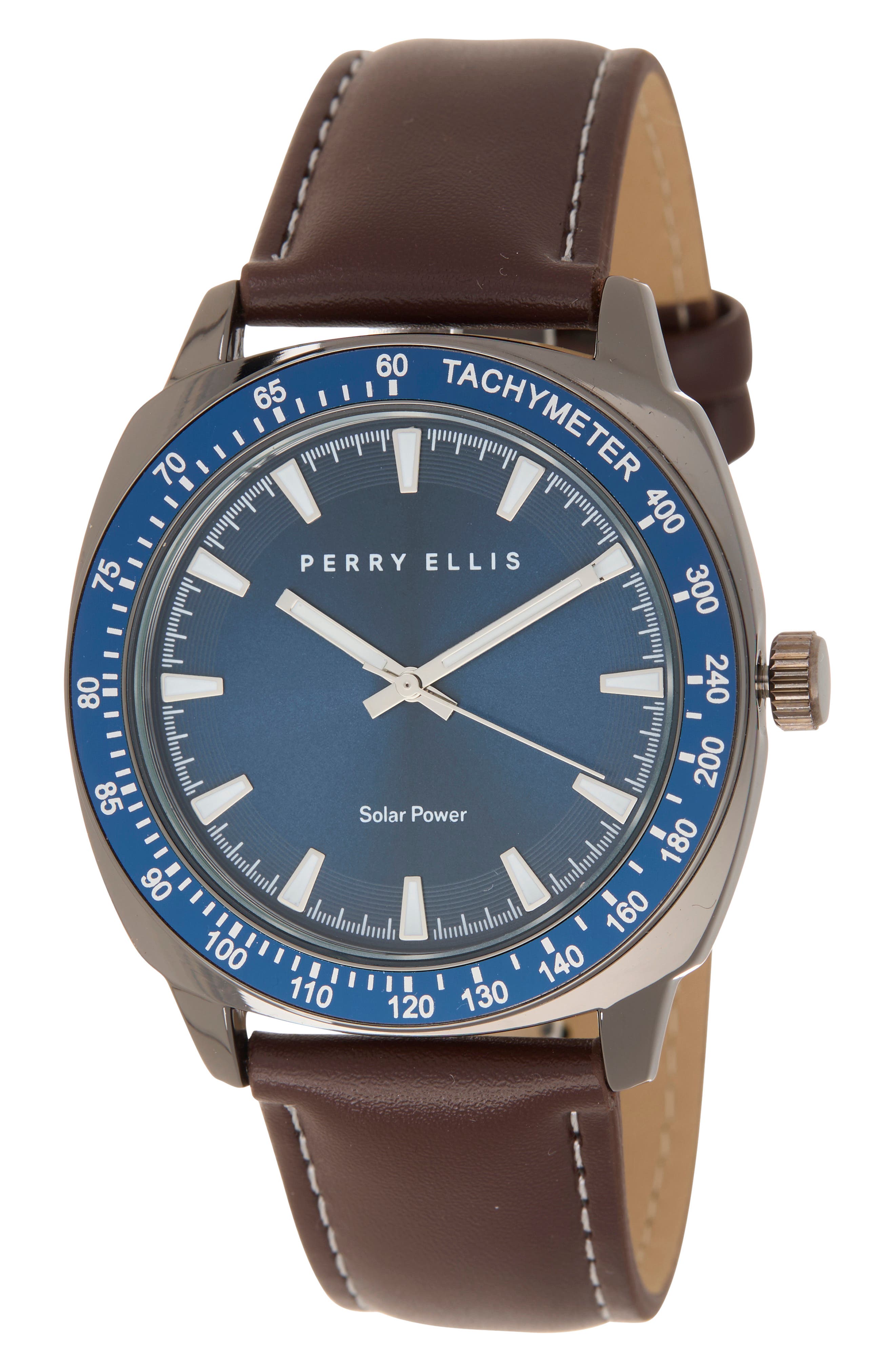 Perry Ellis Solar Powered 3-Hand Quartz Faux Leather Strap Watch, 41mm