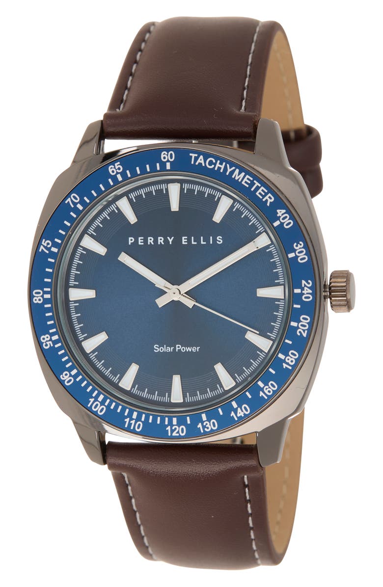Perry Ellis Solar Powered 3-Hand Quartz Faux Leather Strap Watch, 41mm, Main, color, Brown