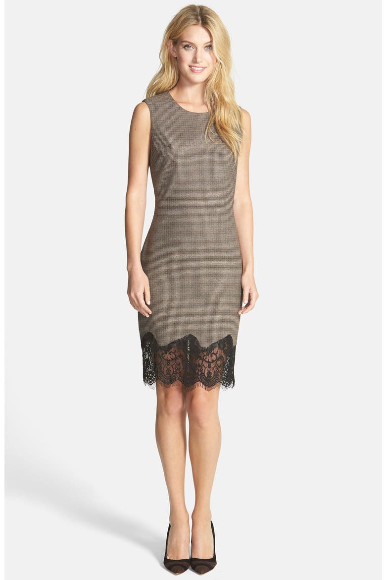 Lace Hem Check Sheath Dress, Main, color, WALNUT