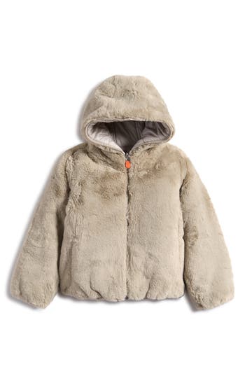 Save The Duck Kids' Chloe Reversible Faux Fur Hooded Puffer Jacket In Neutral