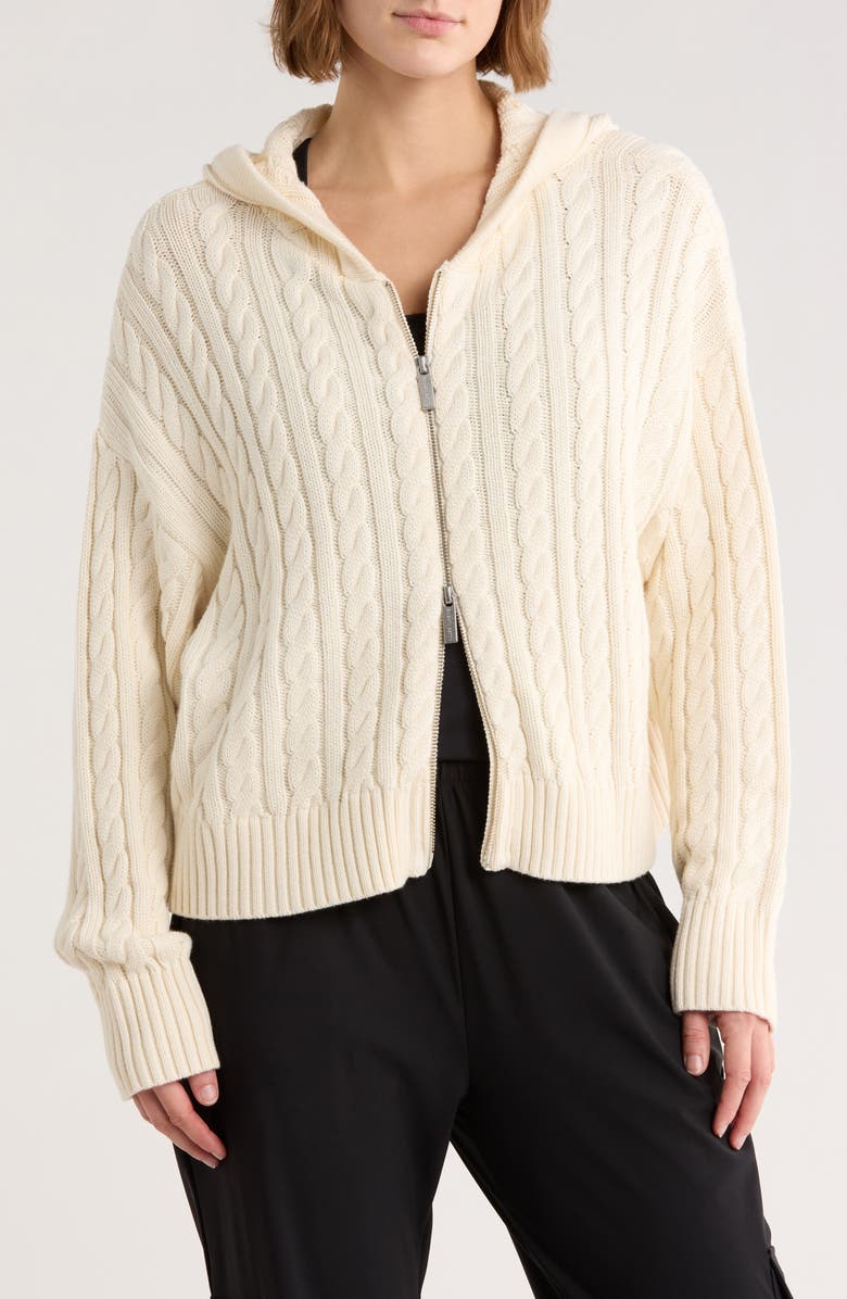 Sweaty Betty Afterglow Cable Knit Hooded Cardigan, Main, color, Studio White