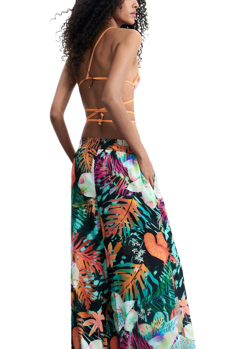 Tropical Print Wide Leg Trousers, Alternate, color, BLACK