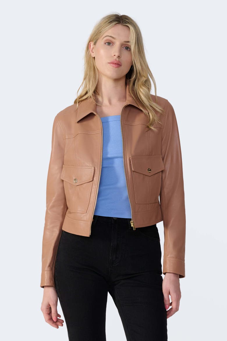 Flora Leather Jacket, Alternate, color, Mocha Brown