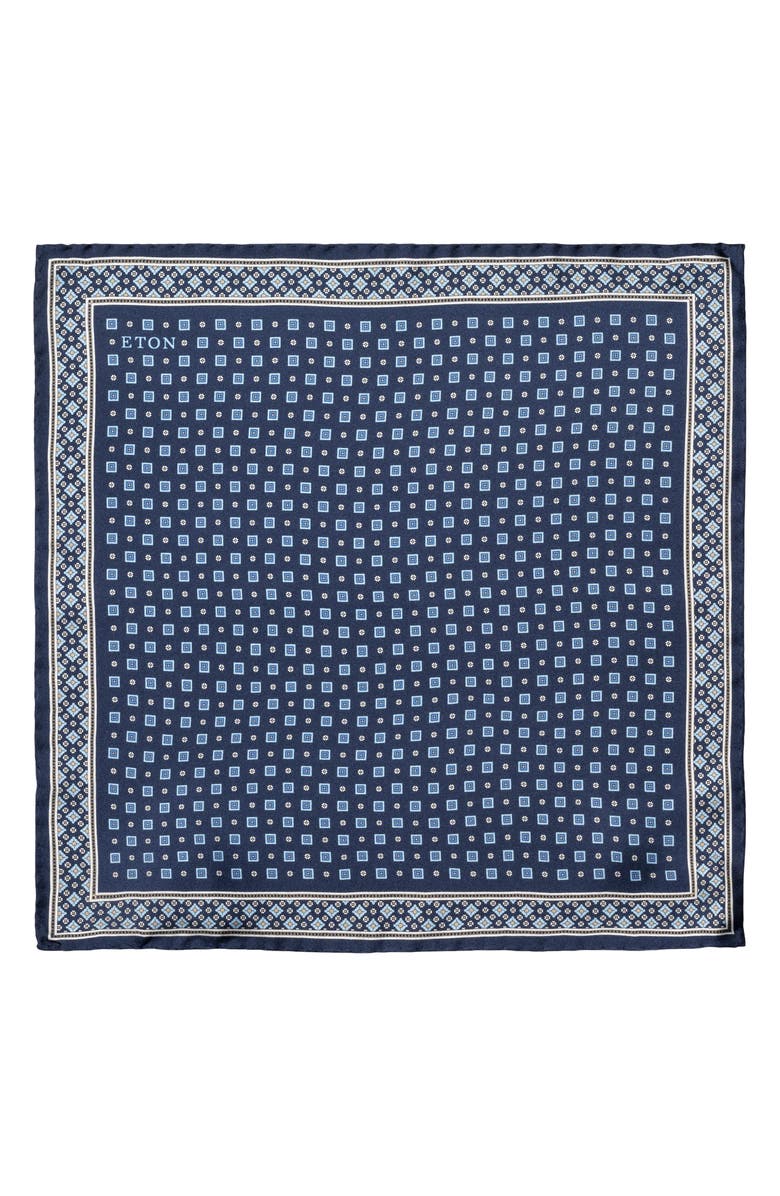Eton Geometric Print Silk Twill Pocket Square, Alternate, color, Navy