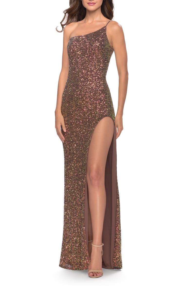 Elegant Soft Sequin One Shoulder Long Dress in Bronze, Alternate, color, Bronze